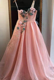 Unique A Line One Shoulder 3D Appliques Pink Tulle Long Beads Prom STK15677