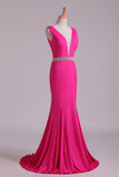 2024 Prom Dresses Open Back Column V Neck Beaded Waistline Sweep PDNHAFHJ