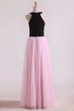 2024 Bicolor Prom Dresses A-Line Scoop Floor-Length Tulle Black Bodice Zipper PTPPCKMF