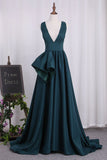 2024 Deep V Neck Elastic Satin A Line Evening Dresses Sweep Train