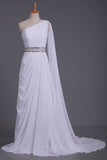 2024 White Prom Dress One Shoulder Pleated Bodice Sheath Beaded Waistline Chiffon PDDN6RT3