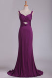 2024 Grape Prom Dresses Straps Open Back Spandex With Ruffles Sweep Train