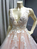 Charming Ball Gown V Neck Tulle Lace Appliques Prom Dresses, Evening STK20397