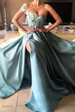 2024 Satin Prom Dresses A Line One Shoulder With Handmade PTCTHTAN