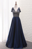 2024 A Line Satin V Neck Beaded Bodice Prom Dress Open Back Floor Length