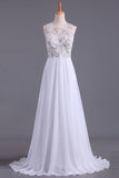 2024 A Line Scoop Prom Dresses Beaded Bodice Floor-Length Chiffon Open Back