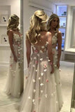 Spaghetti Straps See Through Long A-Line Ivory Prom Dresses With Appliques