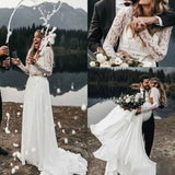 Long Sleeve Two Pieces Lace Round Neck Beach Wedding Dresses Chiffon Boho Bridal Gowns STK14979