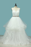 2024 Wedding Dresses V-Neck Tulle With Beaded Belt PQPZ865Z