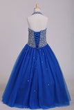 2024 Flower Girl Dresses Halter Beaded Bodice A Line Tulle Royal PAMESYAA