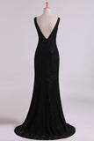 2024 Black Lace Evening Dresses V Neck Open Back Sweep Train PTFLM5GS