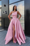 Elegant Strapless Satin High Slit Prom Dresses Long Simple Evening Dresses STK15204