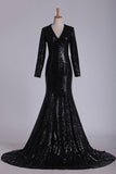 2024 Prom Dresses V Neck Long Sleeves Sequins Sweep Train Black