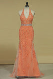 2024 Column V Neck Prom Dresses Tulle With Beading And Applique Open Back