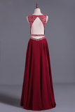 2024 Burgundy/Maroon Scoop A Line Prom Dresses Chiffon A Line With Beading