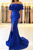 Elegant Off the Shoulder Royal Blue Mermaid Ruffle Sleeve Satin Long Prom Dresses STK15190