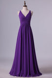 2024 Prom Dresses A Line V Neck Floor Length Chiffon PZH2RM2T