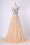 2024 Sweetheart A Line Sweep Train Prom Dresses Tulle PCEN2XJL