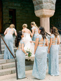 Mermaid Lace Baby Blue V Neck Bridesmaid Dresses for Wedding STK15653