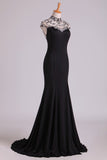 2024 New High Neck Sheath Prom Dresses Spandex With Beading & PGXTKMA7