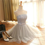 Cute A Line Sleeveless Scoop Short Silver Lace up Tulle Homecoming Dresses with Bowknot