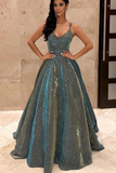 Sparkly Spaghetti Straps Green Sequins Prom Dresses, Backless Party Dresses