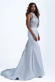 Charming Mermaid Halter Silver Sequins Prom Dresses with Appliques, Party STK20401