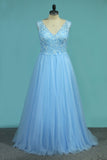 2024 Tulle V Neck Prom Dresses A Line With Applique And Beads Floor Length