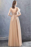 A Line V Neck Tulle Long Prom Dresses, Cheap Evening Dress with STK20488