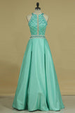 2024 Satin Prom Dresses Scoop Beaded Bodice Open Back A Line PMHLDJED