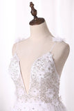 2024 Spaghetti Straps Wedding Dresses A Line Tulle With Beads PYX9K1FG