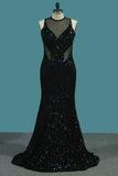 2024 Sheath Scoop Sequined Bodice Prom Dresses Floor Length Open Back