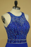 2024 Dark Royal Blue Open Back Prom Dresses Scoop Spandex With Beading And Slit Sweep P5EAAH5K