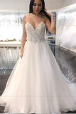 Elegant A Line Spaghetti Straps Backless V Neck Organza Wedding Dress with Beads