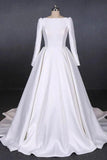 Ball Gown Long Sleeve White Satin Wedding Dresses, Long Simple Wedding Gowns SRS15060