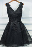 Black V Neck Homecoming Dresses,Appliques Beading Belt Short Prom Dress