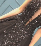 Sexy Ball Gown High Neck Black Tulle V Neck Sequins Party Dresses, Prom Dresses STK15594