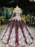 Ball Gown Off the Shoulder V Neck Satin Prom Dresses with Hand Made Flowers, Quinceanera Dress STK15064