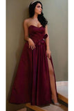 Unique A Line Burgundy Sweetheart Satin Strapless Prom Dresses, Evening STK15676