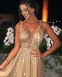 Charming Gold Sequins V Neck A Line Backless Prom Dresses, Formal STK20399