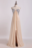 2024 Sweetheart A Line Prom Dresses Chiffon With Slit&Beads Floor Length