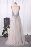 2024 Sexy Open Back A Line Tulle With Applique Prom Dresses Floor Length