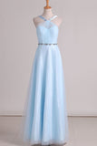 2024 Tulle Straps Bridesmaid Dresses A Line With Ruffles And Beads P64CNTEH