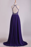 2024 Chiffon & Tulle Prom Dresses Halter Beaded Bodice Sweep Train Open PHMP44E7