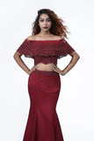 Elegant Mermaid Off the Shoulder Two Pieces Beades Burgundy Prom STK20416