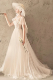 Unique Tulle Lace Long Wedding Dress Ivory Short Sleeves Lace Up Back Bridal STKPK2YQ77B