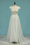 2024 Beach Wedding Dresses A-Line V-Neck Chiffon Full Beaded Top