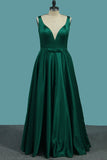 2024 V Neck Satin Prom Dresses A Line With Applique And Sash