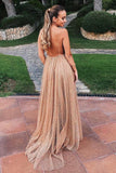 Flowy A Line Spaghetti Straps Champagne V Neck Prom Dresses with Sequins SRS15227