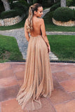 Flowy A Line Spaghetti Straps Champagne V Neck Prom Dresses with Sequins STK15227